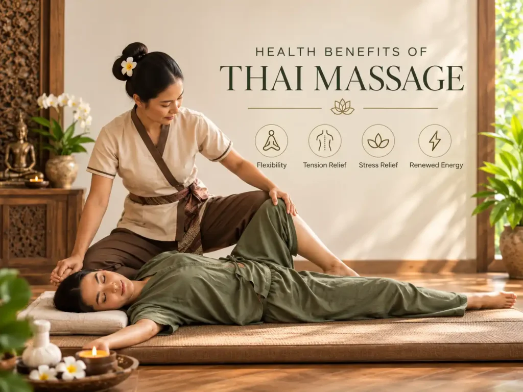 Therapist performing assisted stretching during a traditional Thai massage at Ira Spa.
