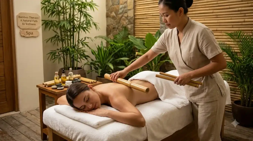 Therapist using heated stalks for a deep tissue bamboo massage therapy session at Ira Spa.