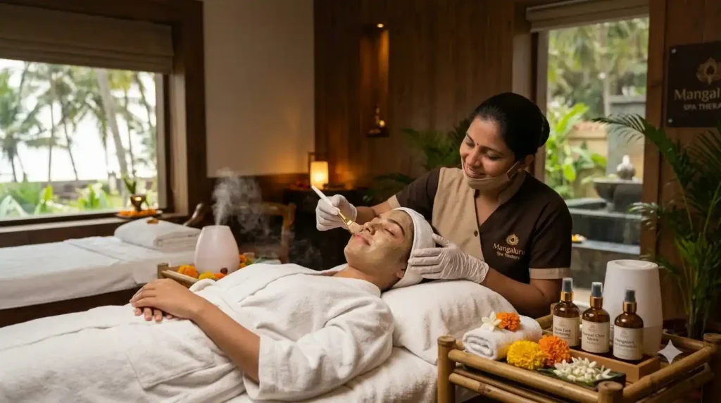 Aesthetician performing a premium deep pore cleansing facial for oily skin at Ira Spa in Mangaluru.