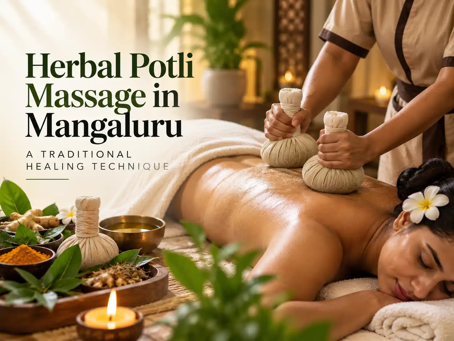 Expert therapist applying a heated herbal potli massage for joint pain relief at Ira Spa in Mangaluru.