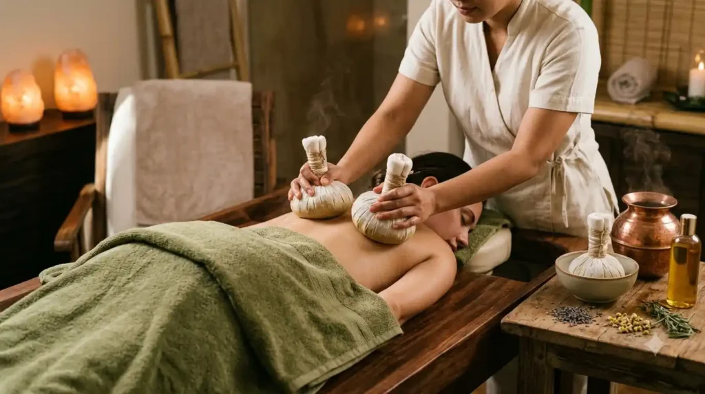 Expert therapist applying a heated herbal potli massage for joint pain relief at Ira Spa in Mangaluru.