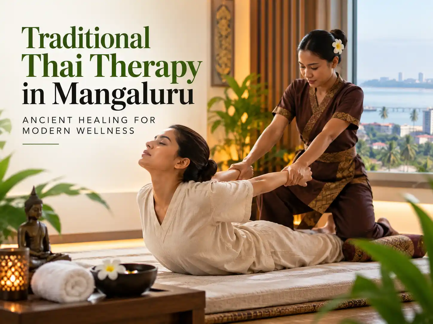 Expert therapist performing Traditional Thai Massage stretching techniques at Ira Spa in Mangaluru.