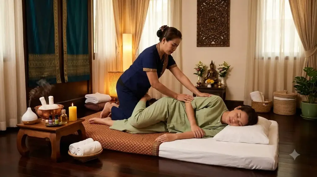 Expert therapist performing Traditional Thai Massage stretching techniques at Ira Spa in Mangaluru.