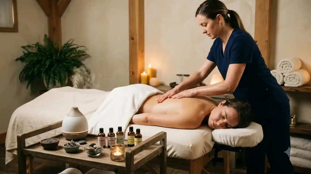 Expert therapist preparing essential oils for a relaxing aromatherapy massage at Ira Spa in Mangaluru.
