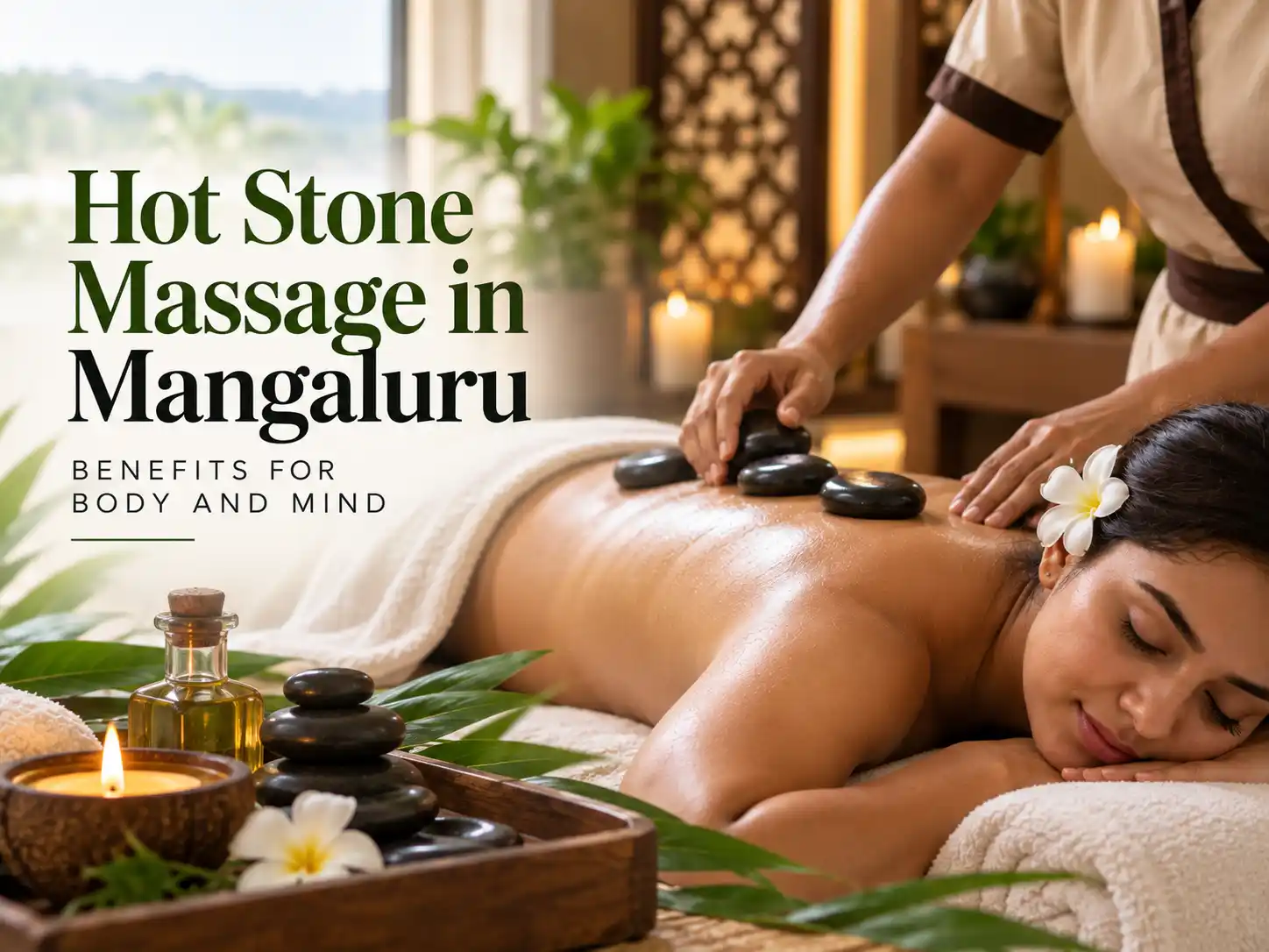 Expert therapist placing heated volcanic stones on a client's back for a hot stone massage at Ira Spa in Mangaluru.